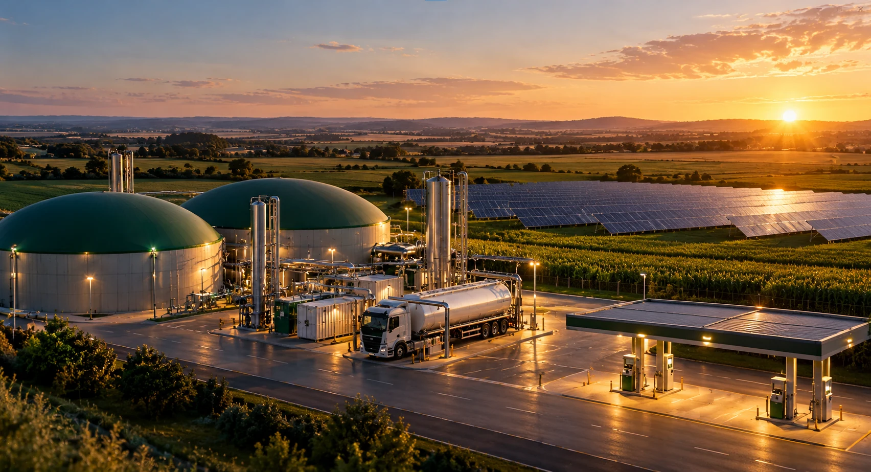Biomethane production and renewable electricity at sunset
