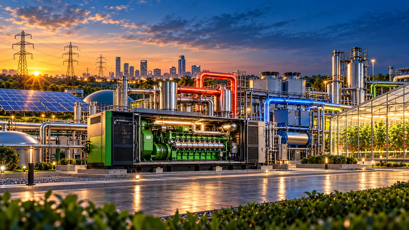 Concept illustration of a generator, solar panels and greenhouse in an integrated energy facility